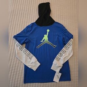 Jordan Blue Hooded Tee with Grey Contrast Sleeves Boy's L (12-13yrs)